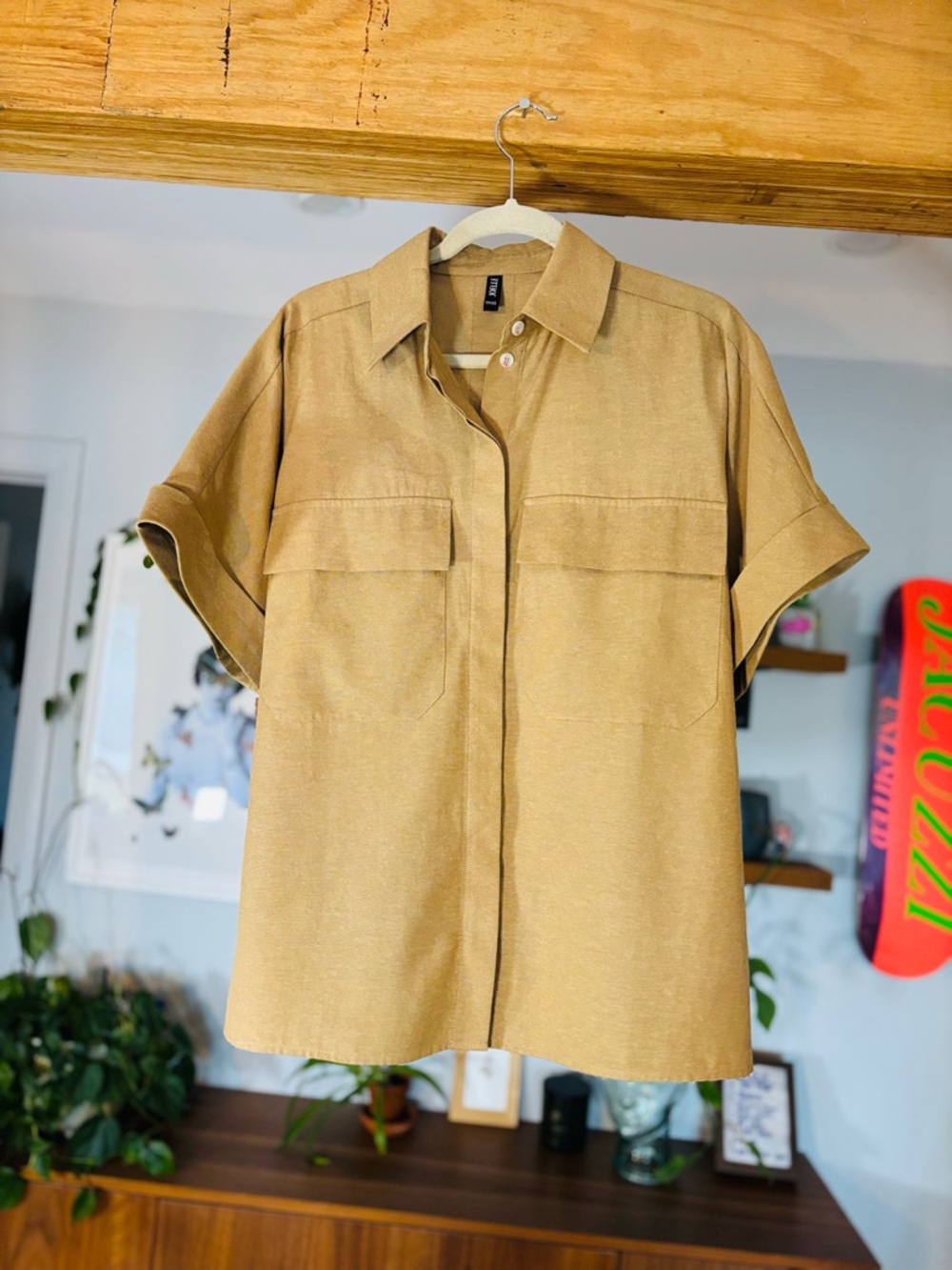 Joelle Oversized Linen-Cotton Shirt – TP/XS, Neutral Tan, Relaxed Fit